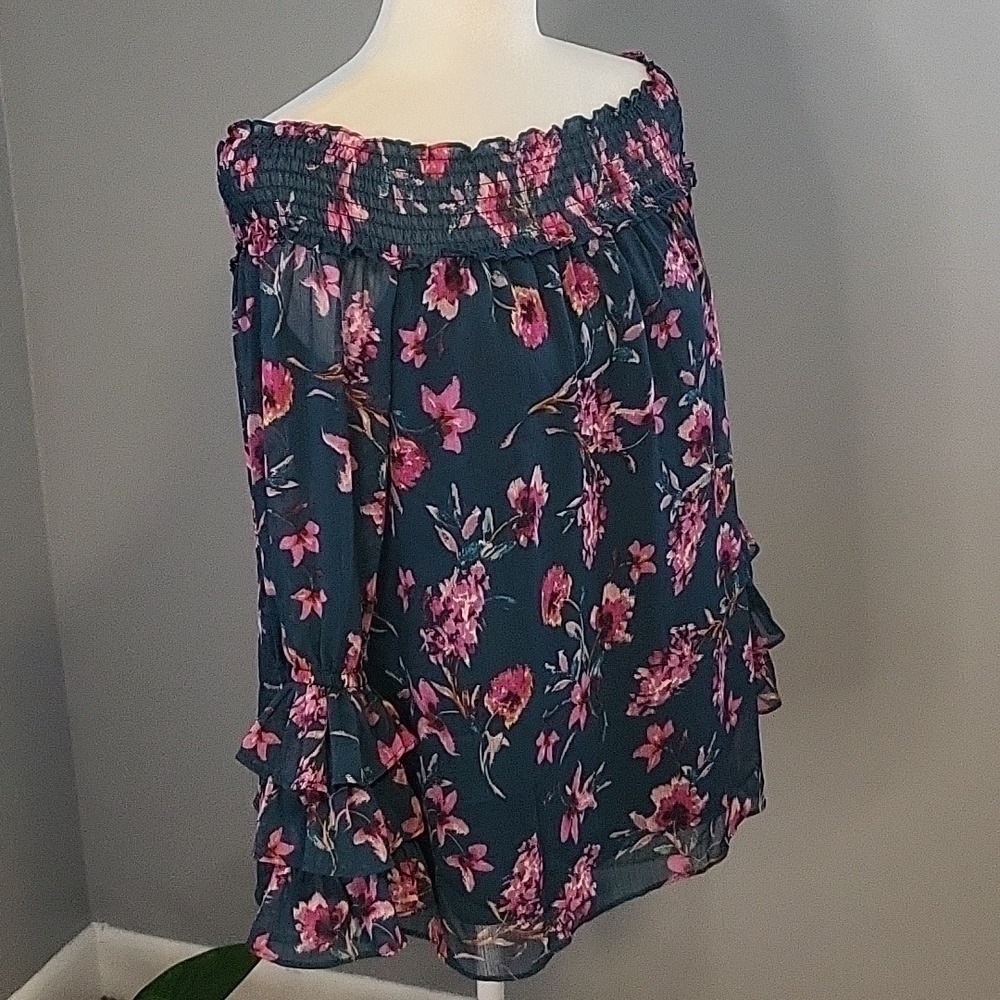 CeCe Floral On or Off The Shoulder Lined Sheer Sleeve Teal Pink Floral Top Sz S - Picture 2 of 9